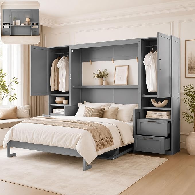 Queen Murphy Bed with Desk, Wall Bed Cabinet with Storage Shelves, Enclosed Cabinets and Hidden Foldout Workstation, Folding Cabinet Bed, Space Saving Bed for Guest Room, Home Office (Gray)
