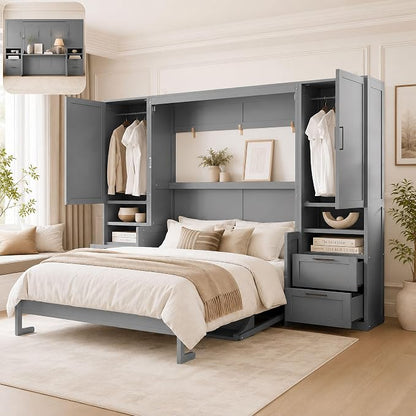Queen Murphy Bed with Desk, Wall Bed Cabinet with Storage Shelves, Enclosed Cabinets and Hidden Foldout Workstation, Folding Cabinet Bed, Space Saving Bed for Guest Room, Home Office (Gray)