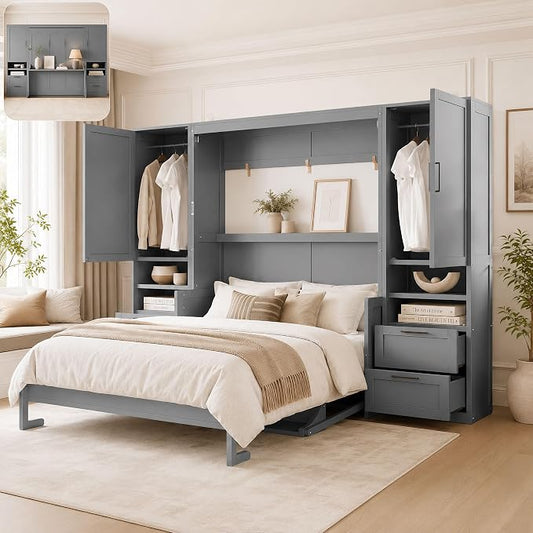 Queen Murphy Bed with Desk, Wall Bed Cabinet with Storage Shelves, Enclosed Cabinets and Hidden Foldout Workstation, Folding Cabinet Bed, Space Saving Bed for Guest Room, Home Office (Gray)