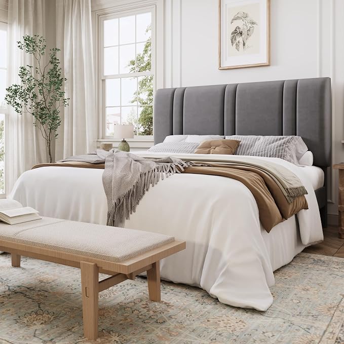 SHA CERLIN Full Size Platform Bed Frame, Velvet Upholstered Bed with Adjustable Headboard, Vertical Channel Tufted Design, Sturdy Wood Slat Support, No Box Spring Needed, Easy Assembly, Light Grey