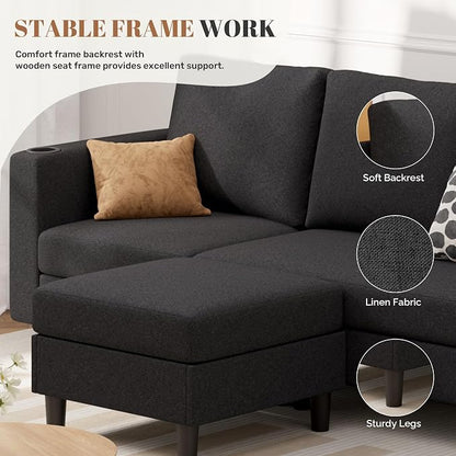 Luxanimarion Upholstered Sectional Sofa and Couches, 78'' L Shaped 3-seat Sofa forLiving Room, Apartment,Lounge,Bedroom-Washable Covers Convertible Sofas(Linen Fabric,Black)
