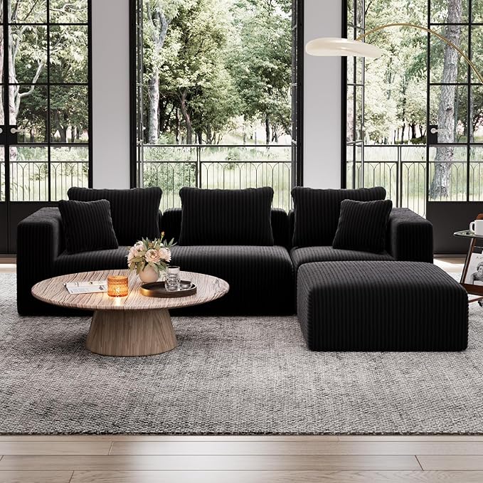 Avenco 106” L-Shaped Modular Sectional Sofa Couch with Ottoman, Individually Wrapped Coil Support & Corduroy Fabric, Zero Assembly 4-Piece Set for Living Room, Black