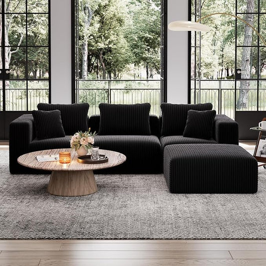 Avenco 106” L-Shaped Modular Sectional Sofa Couch with Ottoman, Individually Wrapped Coil Support & Corduroy Fabric, Zero Assembly 4-Piece Set for Living Room, Black