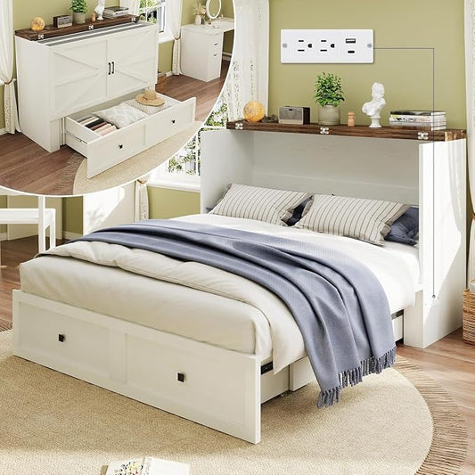 LUXOAK Full Size Murphy Bed with Charging Station, Cabinet Bed with Large Storage Drawer for Home Office or Small Room, Full Foldable Platform Bed, White