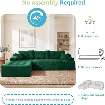 Hobestluk Modular Sectional Sofa Couches L-Shape Couch 3 Seat Modular Sofa Memory Foam Sectional Couches for Living Room, Cloud Couch with Oversized Chaise (Emerald Corduroy, 108", Left Hand Facing)