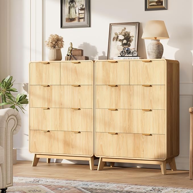 QUW Fluted 5 Drawers Dresser for Bedroom, Modern 40.2" Tall Drawer Dressers with Metal Handle, Wooden Chest of Dresser for Living Room, Hallway, Solid Wood Legs, Curved Profile Design, Natural Oak