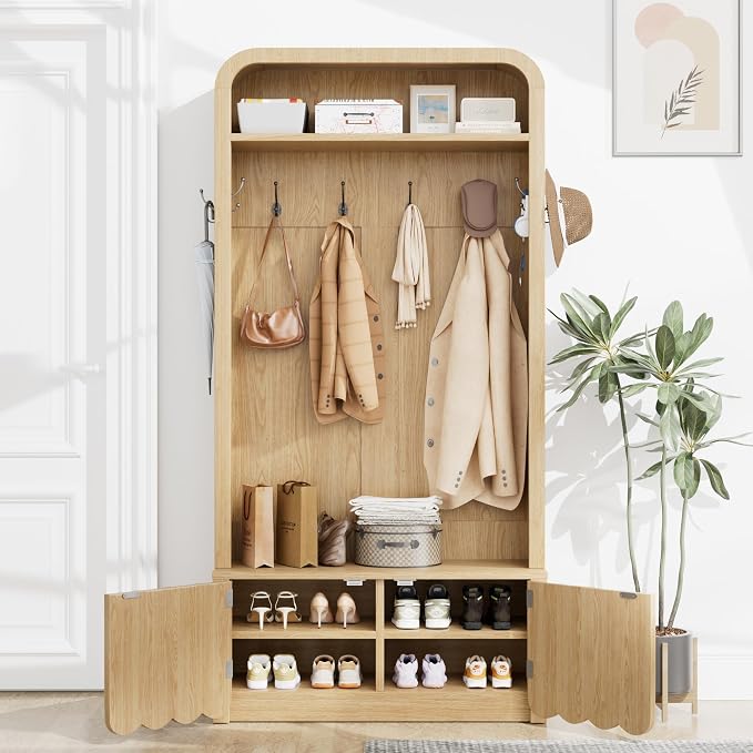 Narrow Hall Tree with Bench and Shoe Storage, Arched Entryway Coat Rack with Adjustable Shoe Cabinet,8 Hooks, Modern Rustic Mudroom Storage Organizer with Scalloped Wave Fluted Doors (Nature Oak)