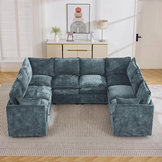 105" Blue Oversized Modular Storage Sofa, U Shaped Chenille Cloud Couch | Oversized Convertible Sectional Sofa, 8-Seat Sectional Couch With Armrests, Large Cloud Couch For Living Room, Apartment.