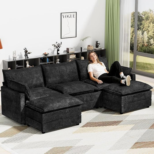 LEVELEVE 112.5" U-Shape Modular Sofa with 2 Ottomans, Deep Seat Cloud Convertible Sleeper, 2 Arm Pillows, Comfortable Upholstered Furniture for Living Room Apartment, Black
