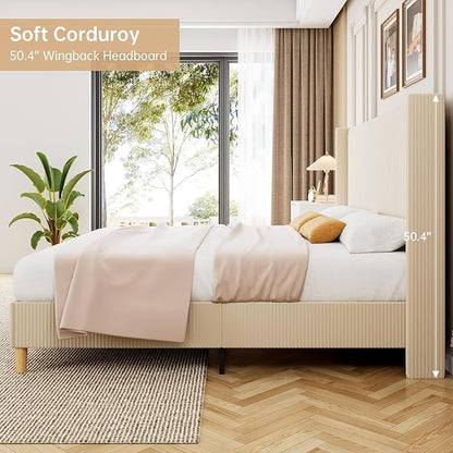 GarveeHome Full Size Bed Frame, Upholstered Platform Corduroy Bed Frame with Vertical Channel Tufted Wingback Headboard, Strong Wooden Slats, No Box Spring Needed, Easy Assembly, Creamy Beige