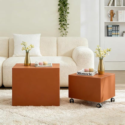 Rolling Modern Coffee Table Set of 2 with Wheels, Leather Square Coffee Table and End Table Sets, Minimalist Center Table, Luxury Wooden Cube Side Table for Living Room Bedroom Apartment,Orange