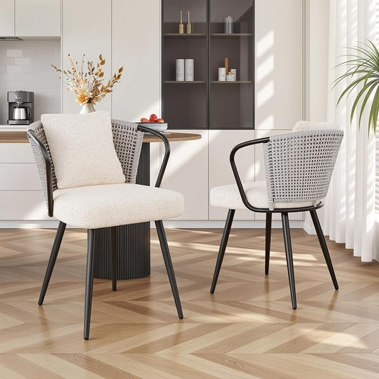 Rattan Dining Chairs Set of 2, Upholstered Kitchen Chair with Metal Legs, Ergonomic Curved Backrest, Mid Century Modern Living Room Chairs with Throw Pillow, Light Grey