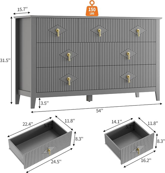 GarveeHome Fluted Dresser for Bedroom, 54 Inch Wide 7-Drawer Wood Dresser, Modern Chest of Drawers, Storage Organizer Cabinet for Living Room, Hallway, Entryway, Grey