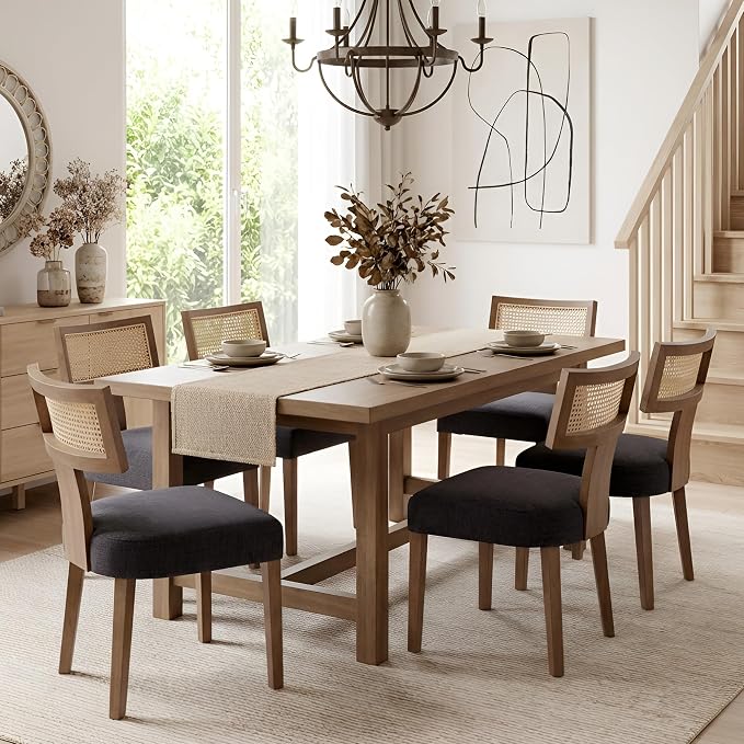HNY Mid Century Modern Rattan Dining Chairs Set of 6, Farmhouse Linen Upholstered Accent Chair Curved Backrest Kitchen Chairs, with Hardwood Frame, Charcoal