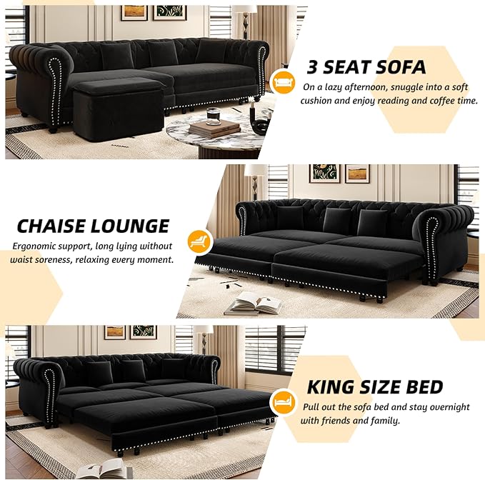 89'' Pull Out Sofa Bed King, Chesterfield Velvet Sleeper Sofa, Convertible L-Shaped Futon Couch, Tufted Back, 4 Pillows, Ottoman, Deep Seat Loveseat Couches for Apartment, Living Room, Black