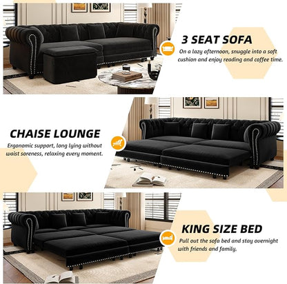 89'' Pull Out Sofa Bed King, Chesterfield Velvet Sleeper Sofa, Convertible L-Shaped Futon Couch, Tufted Back, 4 Pillows, Ottoman, Deep Seat Loveseat Couches for Apartment, Living Room, Black