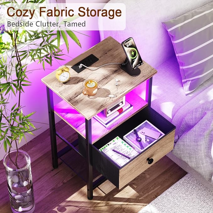 LOAKEKEL Nightstand with Charging Station, End Table with Fabric Drawer, LED Night Stand for Bedroom, Small Bed Side Table with USB Ports and Outlets, Grey, HETS01GY-1