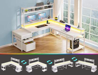 EnHomee 104''L Shaped Desk with 4 Layouts,Outlet for Two Person Home Office | 4 Layout Sizes 64''–104'', Multi-Room Compatibility, 4 AC+2 USB Outlet, Multi-Monitor Stand, Simultaneous Work and Charging