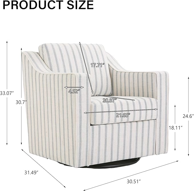 Swivel Accent Chair, Modern Round Barrel Arm Chair for Living Room, Bedroom, Comfy Club Reading Chairs for Adults (Pinstripe Light Blue, Set of 1)