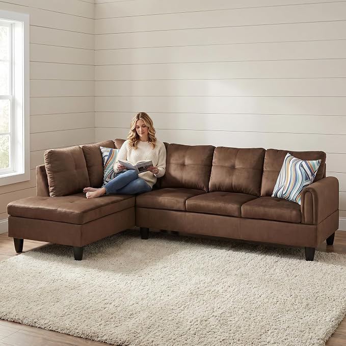 L-Shaped Sectional Sofa, Modern 4-Seat Couch with Left Facing Chaise, Sectional Couch for Living Room, Apartment, Office, Chocolate