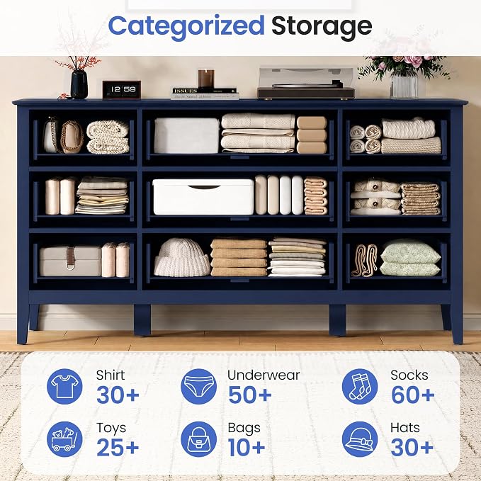 RoyalCraft Fluted Dresser for Bedroom with 9 Drawers, 59" Wide Painted Wooden Chest of Drawers, Modern TV Stand Storage Cabinet for Living Room, Hallway, Blue