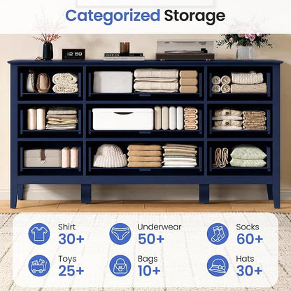 RoyalCraft Fluted Dresser for Bedroom with 9 Drawers, 59" Wide Painted Wooden Chest of Drawers, Modern TV Stand Storage Cabinet for Living Room, Hallway, Blue
