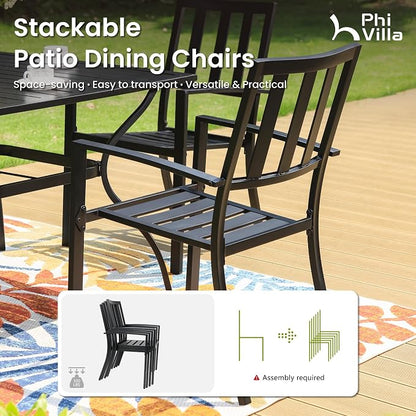 PHI VILLA 5 Pieces Outdoor Dining Set for 4, Metal Steel Square Table with Umbrella Hole & Stackable Black Wrought Iron Chairs, Heavy-Duty Dining Furniture for Patio, Deck, Backyard, Porch