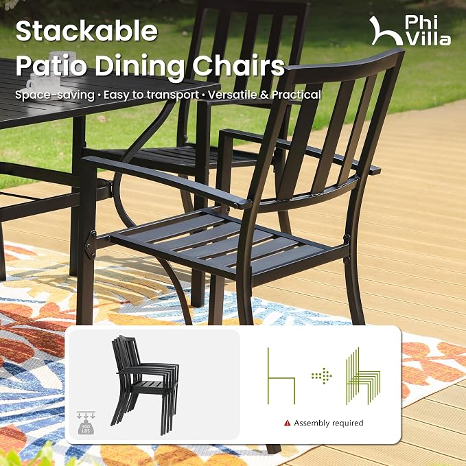 PHI VILLA 5 Pieces Outdoor Dining Set for 4, 37" Square Metal Table with Polywood Top & Stackable Wrought Iron Chairs, Outside Furniture Set for Patio, Deck, Backyard, Porch