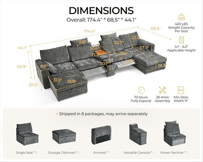 174.4'' Oversized Modular Power Recliner Sofa with Headrest, Deep Cloud Couch with Table, Charging Cup Holders, Convertible U-Shaped 6-Seater Sectional with 2 Storage Ottomans, Chenille, Grey
