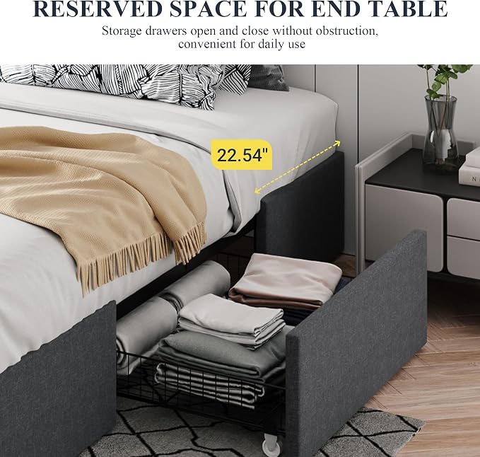 Allewie Queen Size Platform Bed Frame with 3 Storage Drawers, Fabric Upholstered, No Box Spring Needed, Metal Slats Support, Easy Assembly, Dark Gray