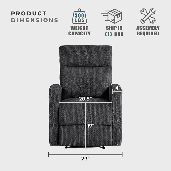 Lexicon Manual Recliner Chair, Textured Microfiber Reclining Chair, Wall Hugger, Track Arms, Magazine Pockets, Manual Recliner for Living Room/Office/Apartment, Easy Assembly, Dark Gray