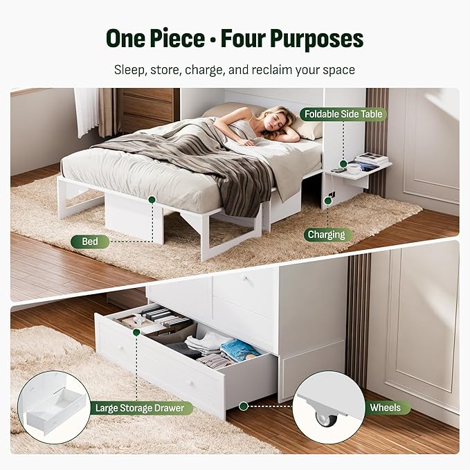 Softa Full Murphy Bed Cabinet with 6" Tri-Fold Mattress, Storage Drawer & Charging Station, 1200 Lb Heavy Duty Wood Wall Bed with Fold-Down Desk for Guest Room & Home Office, No Box Spring Needed