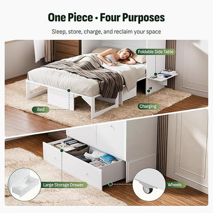 Softa Full Murphy Bed Cabinet with 6" Tri-Fold Mattress, Storage Drawer & Charging Station, 1200 Lb Heavy Duty Wood Wall Bed with Fold-Down Desk for Guest Room & Home Office, No Box Spring Needed