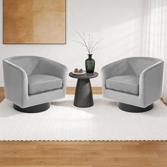Swivel Barrel Accent Chair, Modern Round Chenille Fabric Arm Chair for Living Room, Bedroom, Comfy Club Reading Chairs for Adults（Velvet Grey, Set of 2