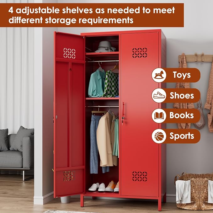SUPEER 2 Door Red Metal Storage Locker Wardrobe Cabinet | 71 in metal wardrobe cabinet with lock, adjustable shelves, and hanging rods for home, office, garage, gym, or staff storage.
