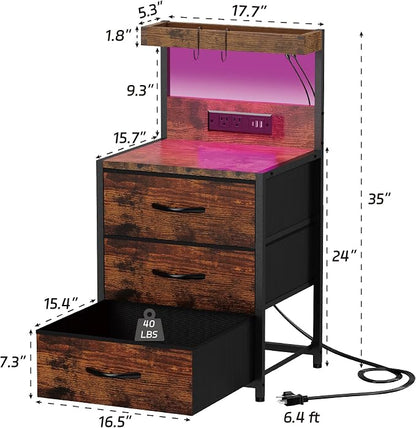SZLHANJZ Nightstands Set of 2, End Table with LED Light and Charging Station Type C, 3 Drawers Storage Night Stand with Hooks, Tall Bed Side Table for Bedroom Dorm, Rustic Brown