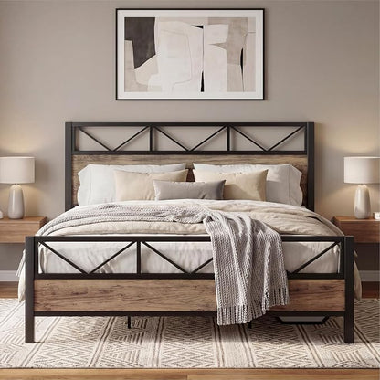 LIKIMIO California King Bed Frame, Tall Industrial Headboard 51.1 ", Platform Bed Frame with Strong Metal Support, Solid and Stable, Noise Free, No Box Spring Needed, Easy Assembly, Rustic Maple