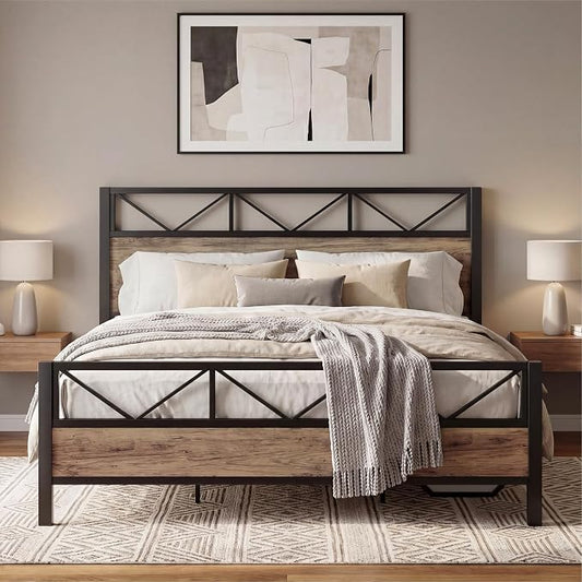 LIKIMIO California King Bed Frame, Tall Industrial Headboard 51.1 ", Platform Bed Frame with Strong Metal Support, Solid and Stable, Noise Free, No Box Spring Needed, Easy Assembly, Rustic Maple