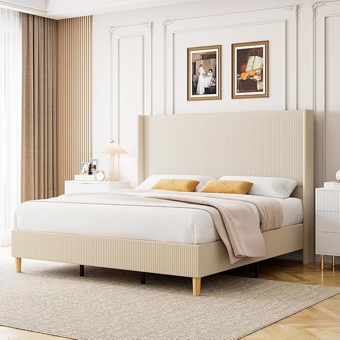 GarveeHome Queen Bed Frame, Upholstered Platform Velvet Bed Frame Queen Size with Vertical Channel Tufted Wingback Headboard, Strong Wooden Slats, No Box Spring Needed, Easy Assembly, Beige