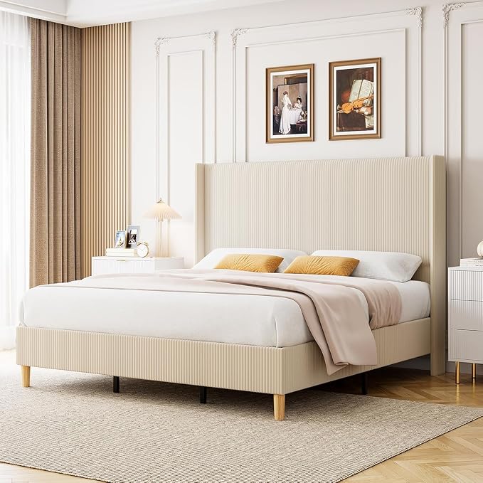 GarveeHome Full Size Bed Frame, Upholstered Platform Corduroy Bed Frame with Vertical Channel Tufted Wingback Headboard, Strong Wooden Slats, No Box Spring Needed, Easy Assembly, Creamy Beige
