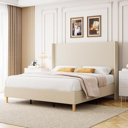GarveeHome Full Size Bed Frame, Upholstered Platform Corduroy Bed Frame with Vertical Channel Tufted Wingback Headboard, Strong Wooden Slats, No Box Spring Needed, Easy Assembly, Creamy Beige