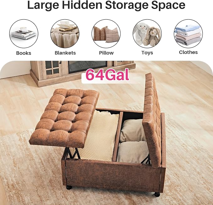 Redlife 35 Inch Large Square Storage Ottoman, Storage Ottoman Coffee Table with Lift Top Faux Leather Ottomans Square Footrest Oversized Upholstered Coffee Table for Living Room (Brown Leathaire)