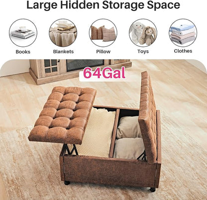 Redlife 35 Inch Large Square Storage Ottoman, Storage Ottoman Coffee Table with Lift Top Faux Leather Ottomans Square Footrest Oversized Upholstered Coffee Table for Living Room (Brown Leathaire)