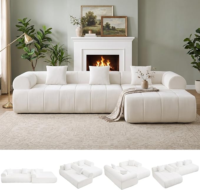 119'' Curved Boneless Sofa Couch, 3 Seat Cloud L Shaped Deep Seat Couches for Living Room, No Assembly Modular Sofa with Right Chaise Lounge, White