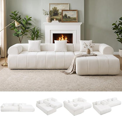 119'' Curved Boneless Sofa Couch, 3 Seat Cloud L Shaped Deep Seat Couches for Living Room, No Assembly Modular Sofa with Right Chaise Lounge, White