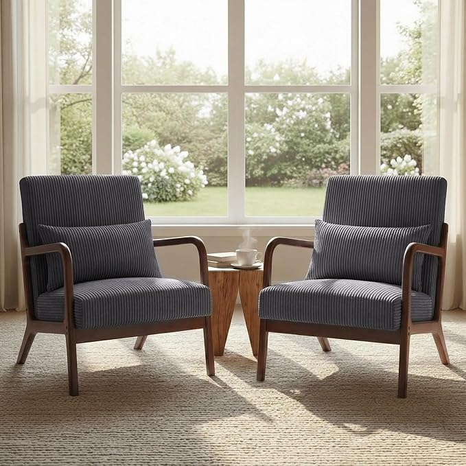 Set of 2 Mid Century Modern Accent Chair with Solid Rubber Wood Frame, Comfy Corduroy Reading Armchair with Lumbar Pillow, Heavy Duty Lounge Chair for Bedroom, Living Room & Small Spaces