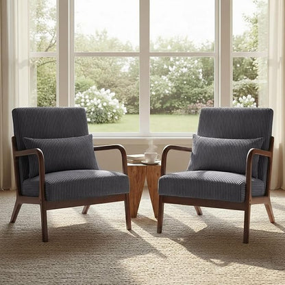 Set of 2 Mid Century Modern Accent Chair with Solid Rubber Wood Frame, Comfy Corduroy Reading Armchair with Lumbar Pillow, Heavy Duty Lounge Chair for Bedroom, Living Room & Small Spaces