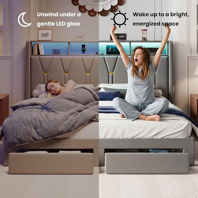 SHA CERLIN Velvet King Platform Bed Frame with 2 Storage Drawers, LED Storage Headboard with Charging Station, Wingback Upholstered, Noise Free, No Box Spring Needed, Easy Assembly, Grey