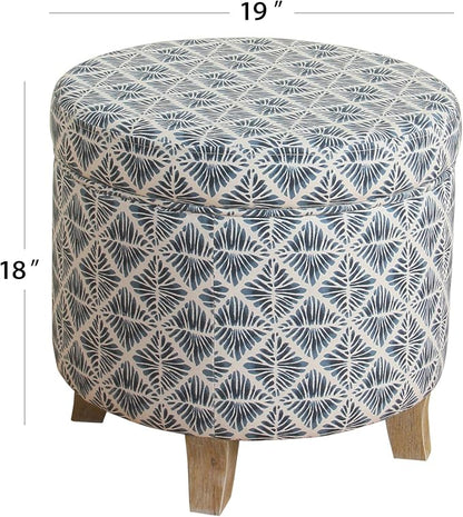 Homepop Home Decor | Upholstered Round Storage Ottoman | Ottoman with Storage for Living Room & Bedroom with Flared Legs, Navy Blue Geometric Pattern Large