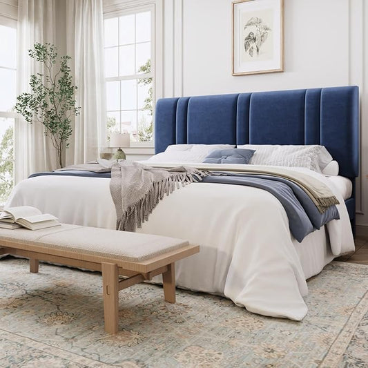 SHA CERLIN King Size Platform Bed Frame, Velvet Upholstered Bed with Adjustable Headboard, Vertical Channel Tufted Design, Sturdy Wood Slat Support, No Box Spring Needed, Easy Assembly, Dark Blue